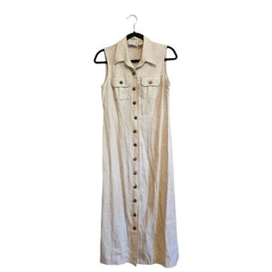 VINTAGE SCARLETT LINEN BLEND MIDI CREAM BUTTON FRONT DRESS SIZE 6